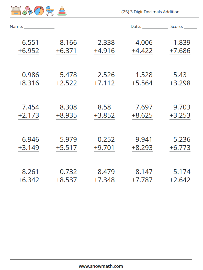 (25) 3 Digit Decimals Addition Math Worksheets 7