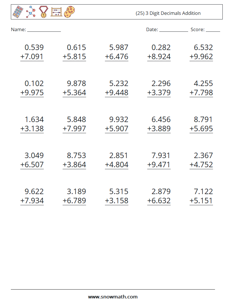 (25) 3 Digit Decimals Addition Math Worksheets 8