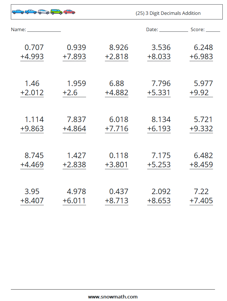 (25) 3 Digit Decimals Addition Math Worksheets 9
