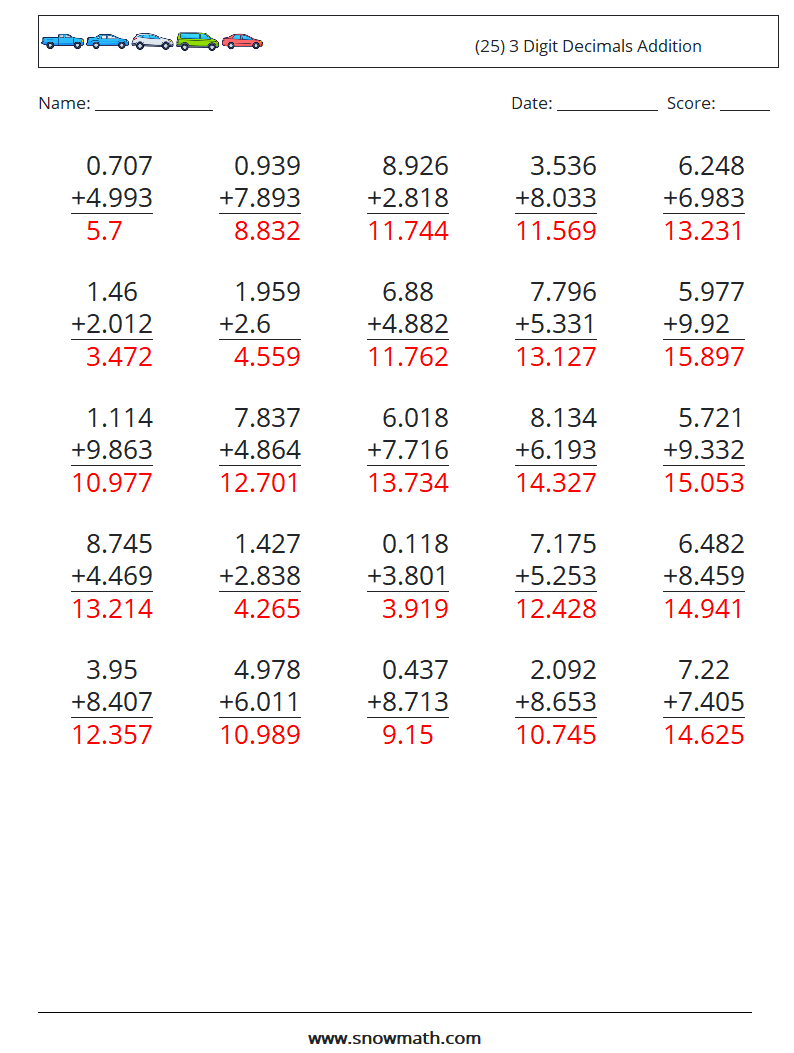 (25) 3 Digit Decimals Addition Math Worksheets 9 Question, Answer