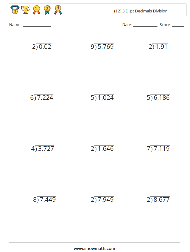 (12) 3 Digit Decimals Division Math Worksheets 2