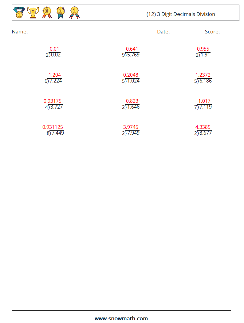 (12) 3 Digit Decimals Division Math Worksheets 2 Question, Answer