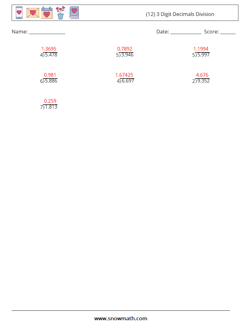 (12) 3 Digit Decimals Division Math Worksheets 5 Question, Answer