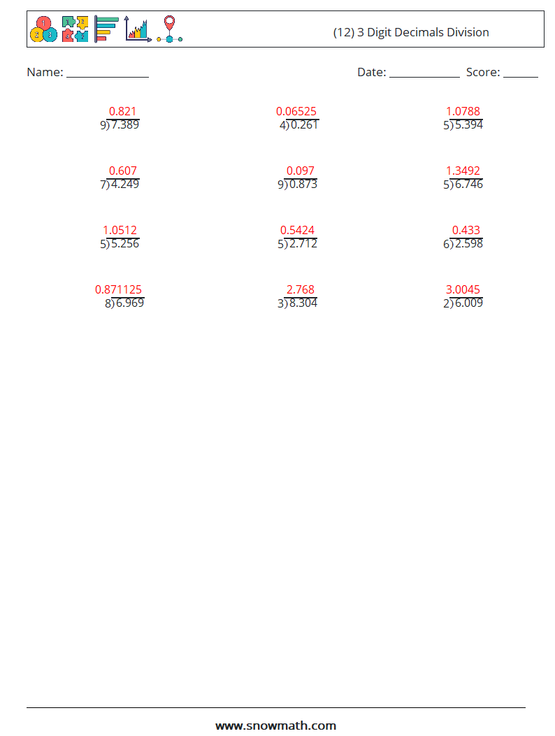 (12) 3 Digit Decimals Division Math Worksheets 8 Question, Answer