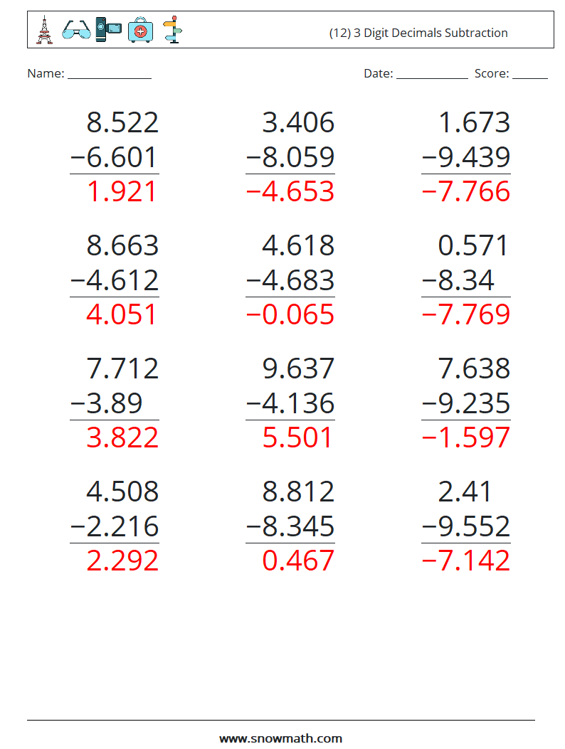 (12) 3 Digit Decimals Subtraction Math Worksheets 10 Question, Answer