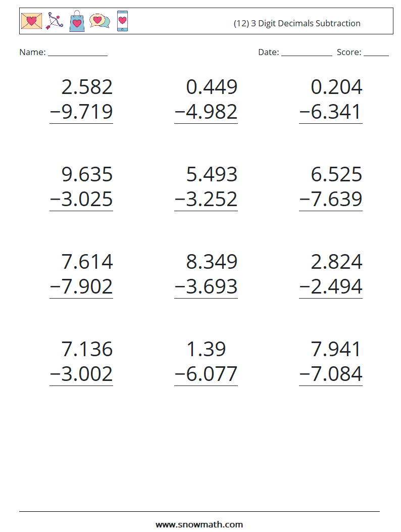 (12) 3 Digit Decimals Subtraction Math Worksheets 13