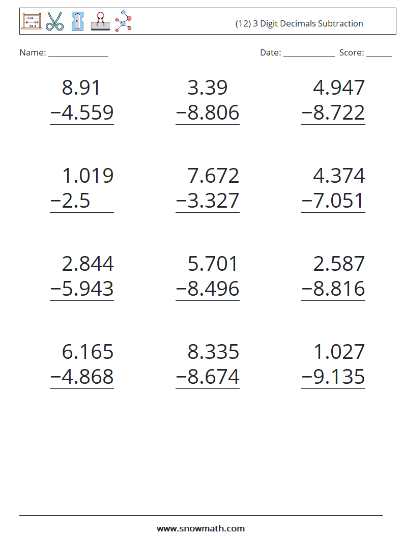 (12) 3 Digit Decimals Subtraction Math Worksheets 14