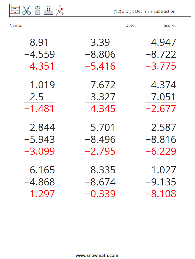 (12) 3 Digit Decimals Subtraction Math Worksheets 14 Question, Answer