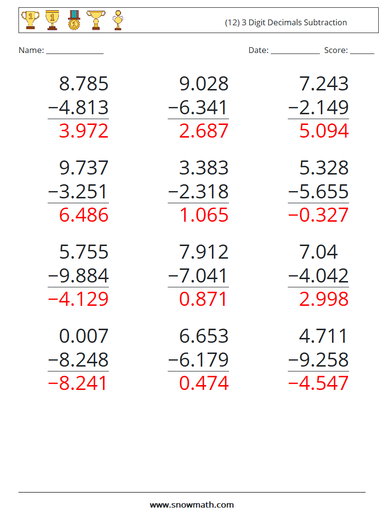 (12) 3 Digit Decimals Subtraction Math Worksheets 15 Question, Answer