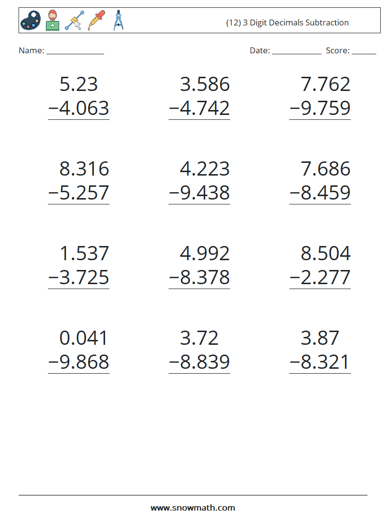 (12) 3 Digit Decimals Subtraction Math Worksheets 17