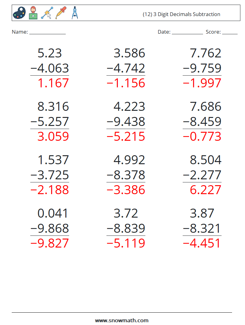 (12) 3 Digit Decimals Subtraction Math Worksheets 17 Question, Answer