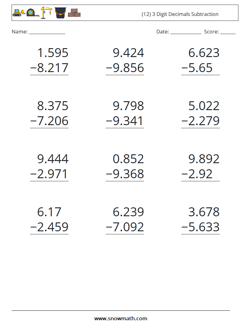 (12) 3 Digit Decimals Subtraction Math Worksheets 2
