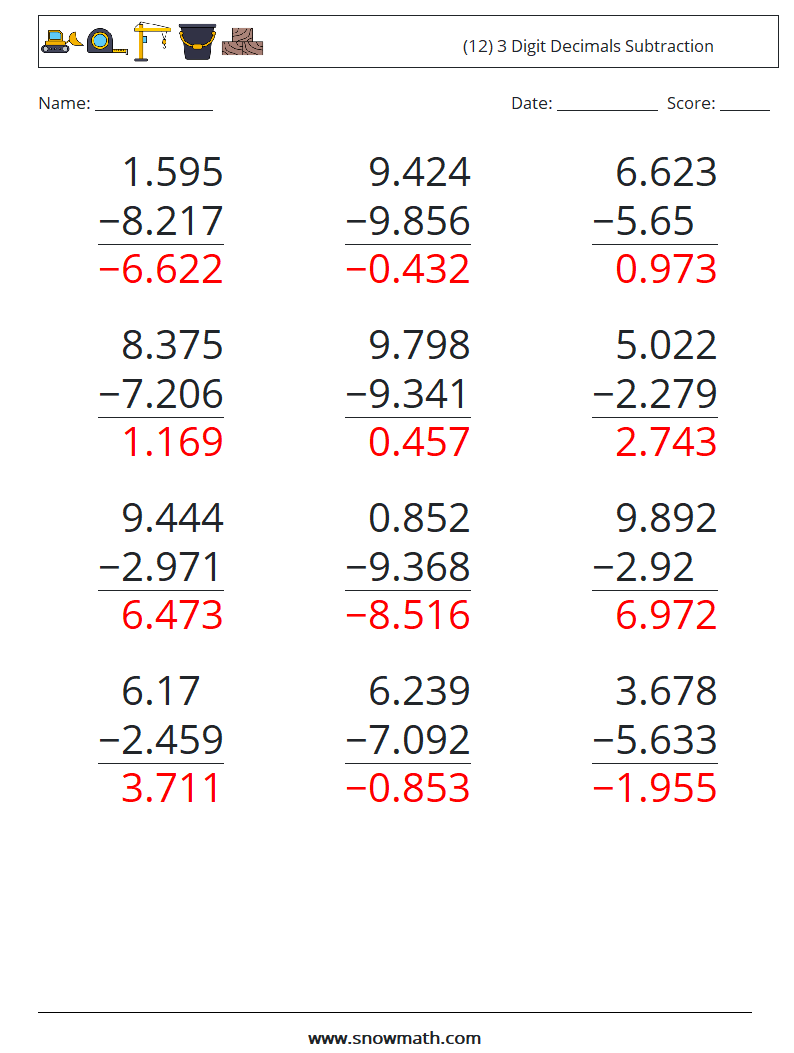 (12) 3 Digit Decimals Subtraction Math Worksheets 2 Question, Answer
