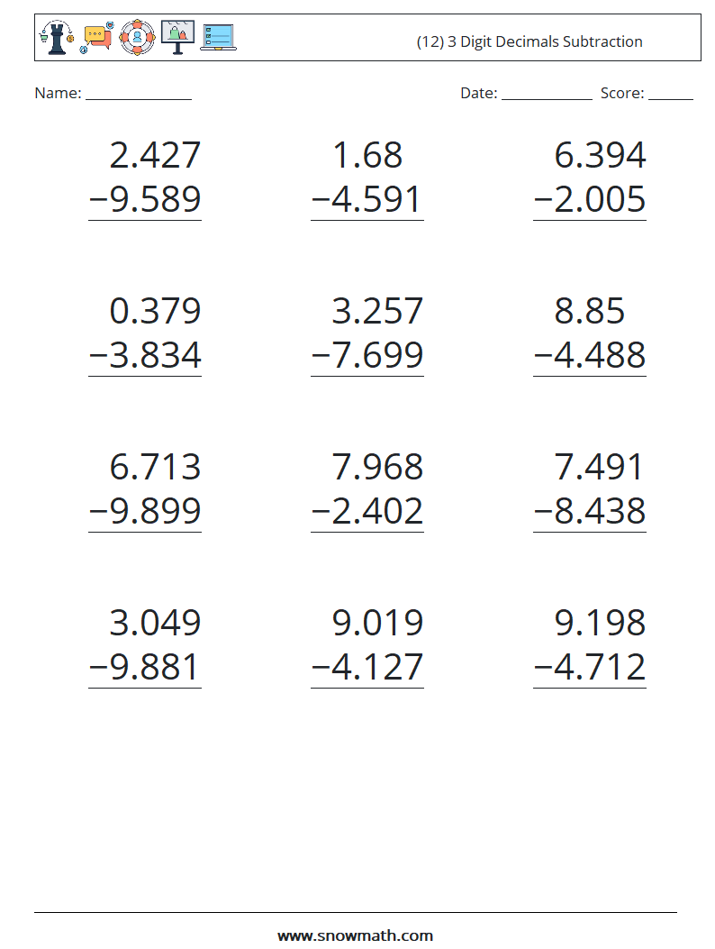 (12) 3 Digit Decimals Subtraction Math Worksheets 4