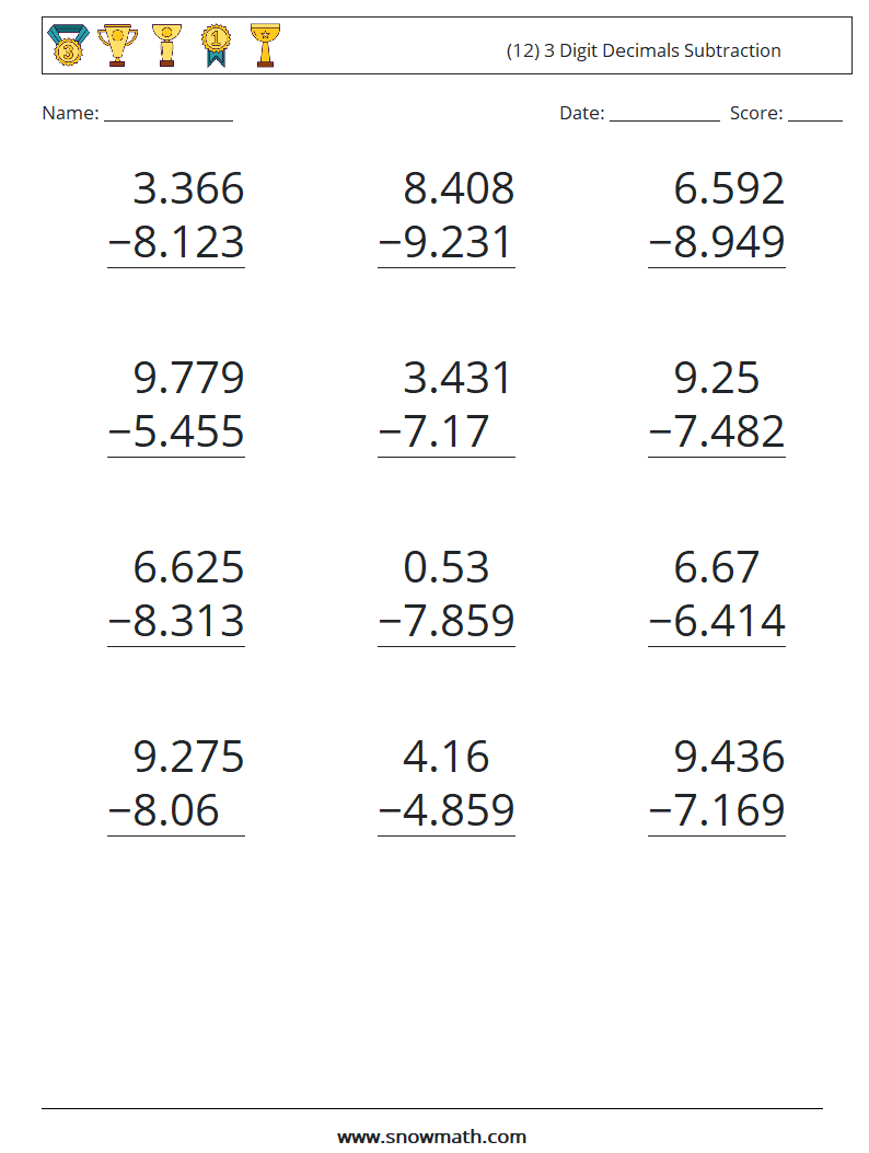 (12) 3 Digit Decimals Subtraction Math Worksheets 5