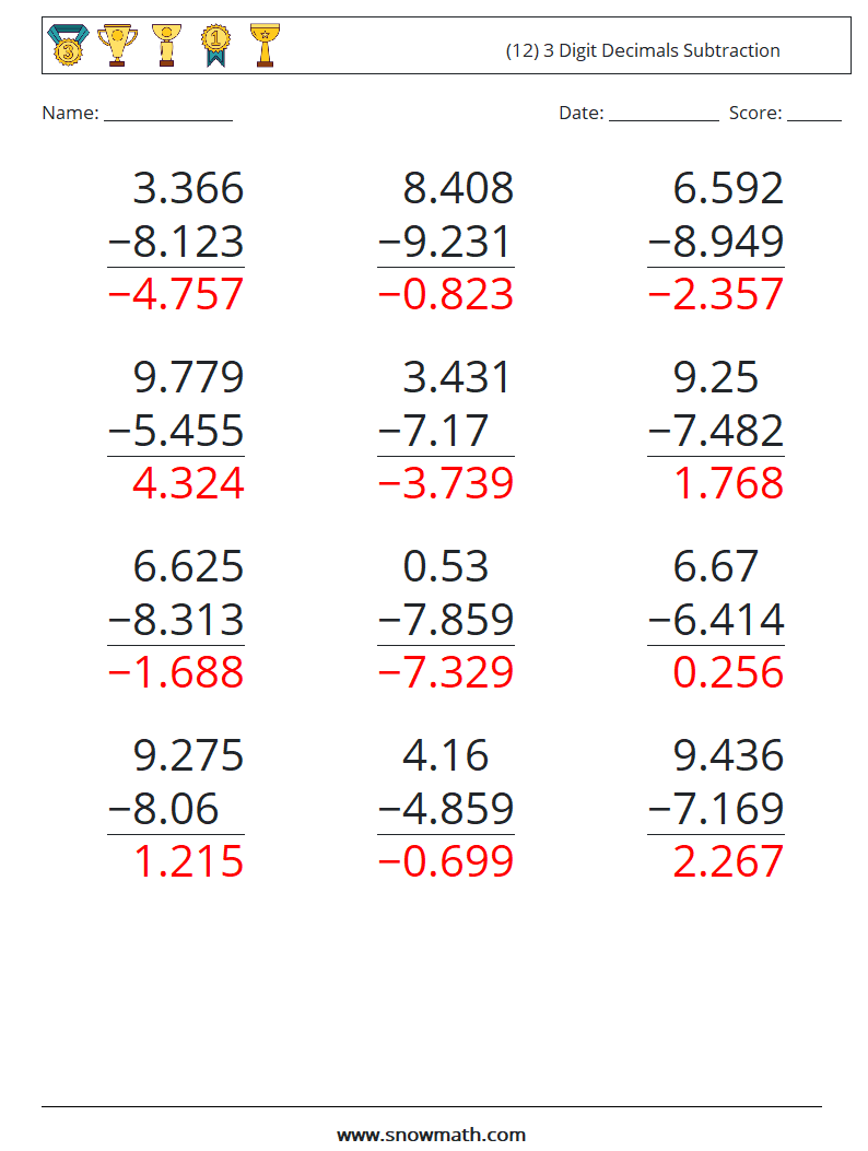 (12) 3 Digit Decimals Subtraction Math Worksheets 5 Question, Answer