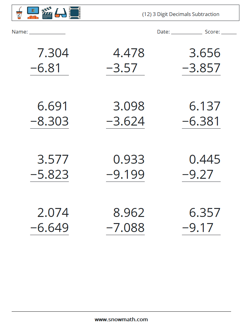 (12) 3 Digit Decimals Subtraction Math Worksheets 6