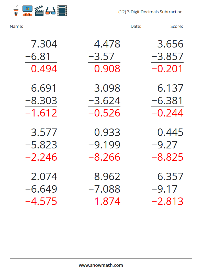 (12) 3 Digit Decimals Subtraction Math Worksheets 6 Question, Answer