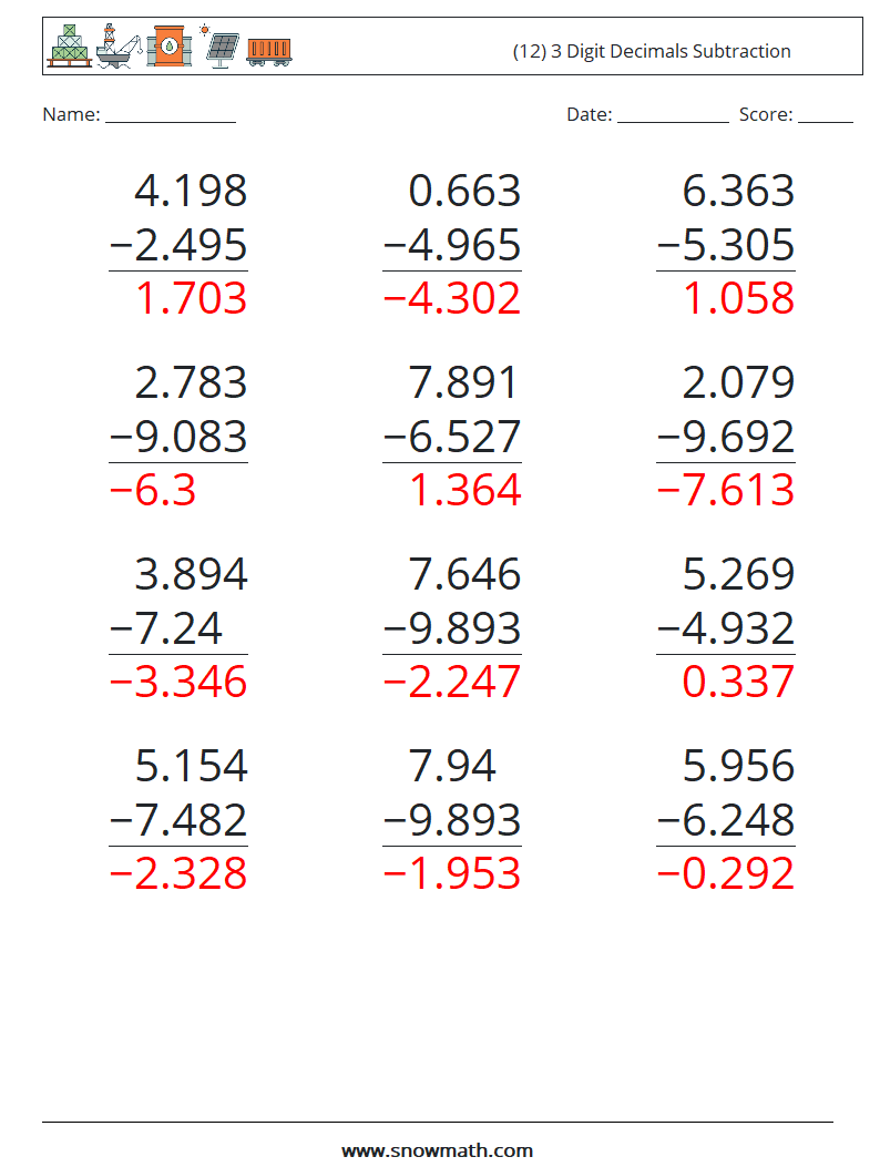 (12) 3 Digit Decimals Subtraction Math Worksheets 7 Question, Answer