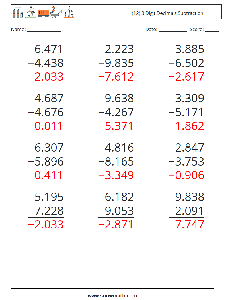 (12) 3 Digit Decimals Subtraction Math Worksheets 8 Question, Answer