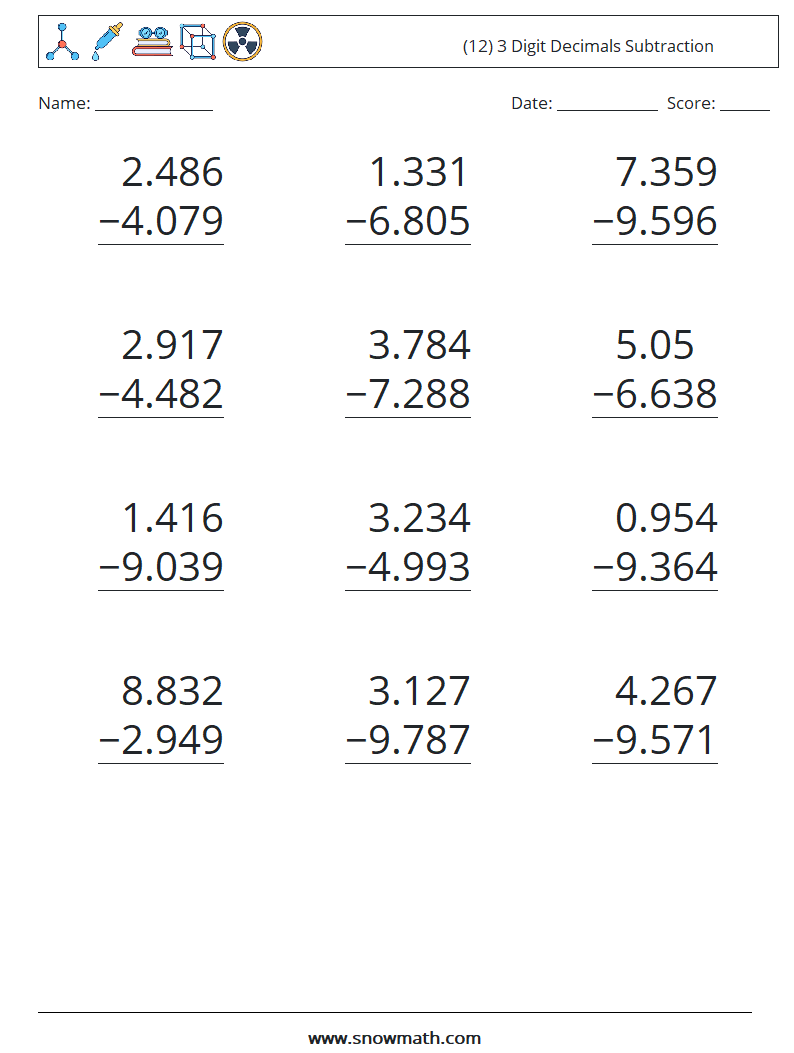 (12) 3 Digit Decimals Subtraction Math Worksheets 9