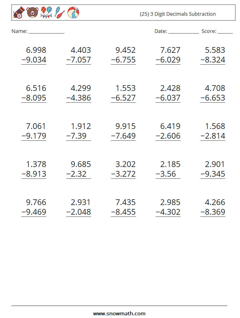 (25) 3 Digit Decimals Subtraction Math Worksheets 1