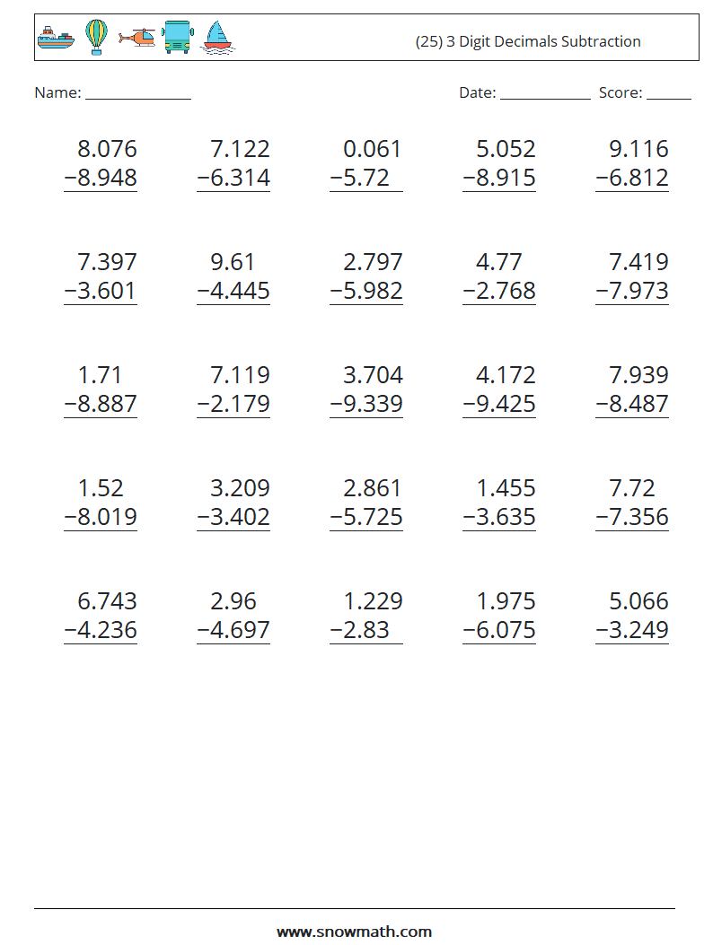 (25) 3 Digit Decimals Subtraction Math Worksheets 10
