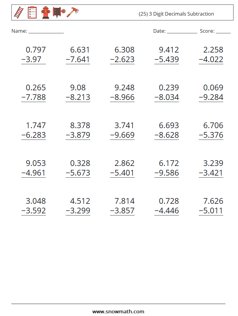 (25) 3 Digit Decimals Subtraction Math Worksheets 11