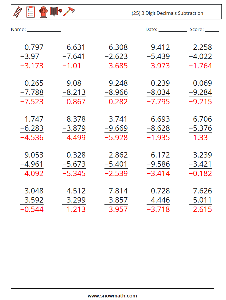 (25) 3 Digit Decimals Subtraction Math Worksheets 11 Question, Answer