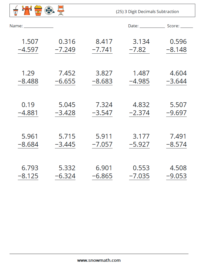 (25) 3 Digit Decimals Subtraction Math Worksheets 12