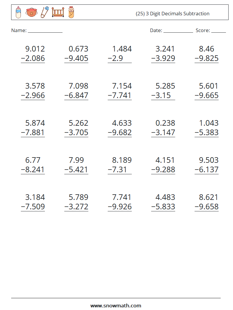 (25) 3 Digit Decimals Subtraction Math Worksheets 13