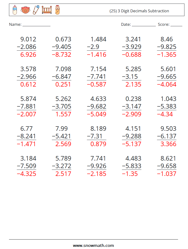 (25) 3 Digit Decimals Subtraction Math Worksheets 13 Question, Answer
