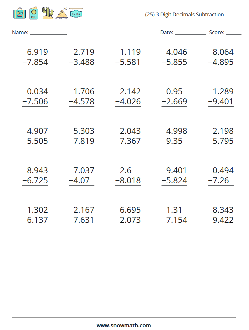 (25) 3 Digit Decimals Subtraction Math Worksheets 14
