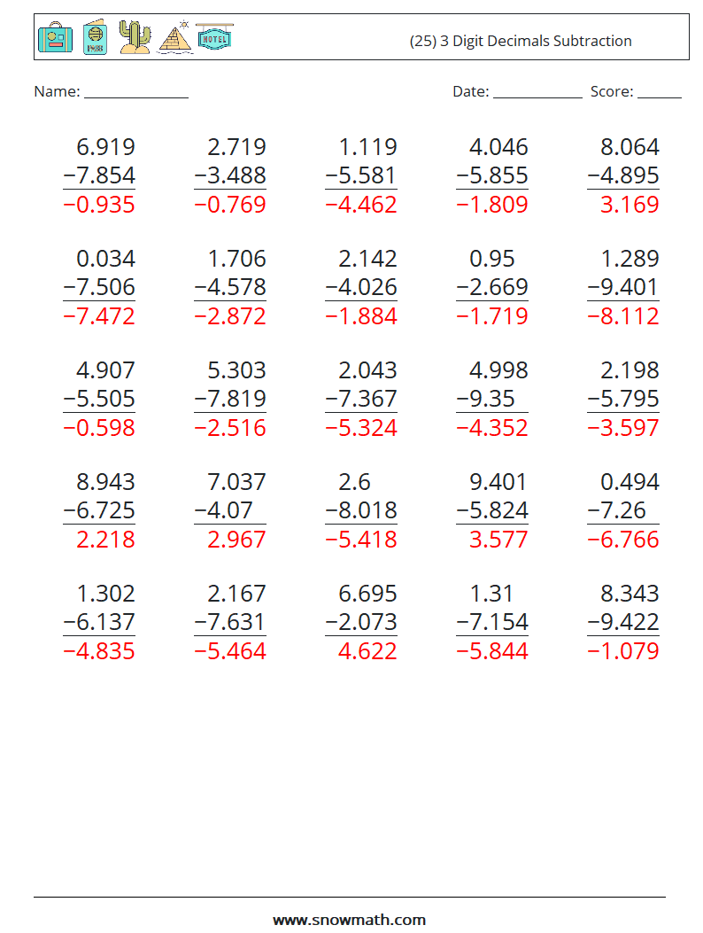(25) 3 Digit Decimals Subtraction Math Worksheets 14 Question, Answer
