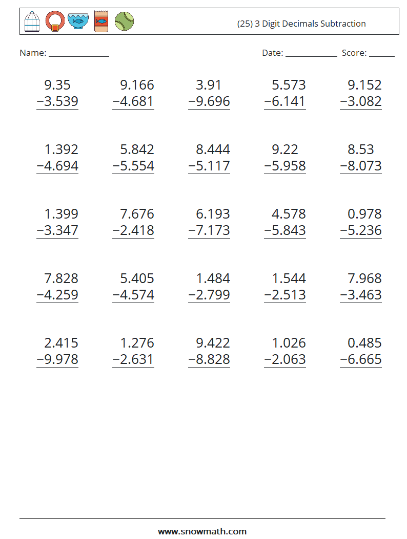 (25) 3 Digit Decimals Subtraction Math Worksheets 15