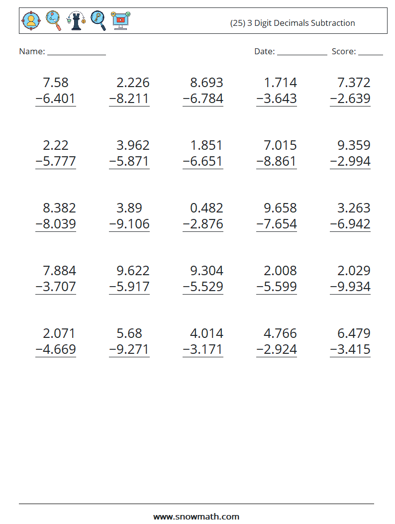 (25) 3 Digit Decimals Subtraction Math Worksheets 16