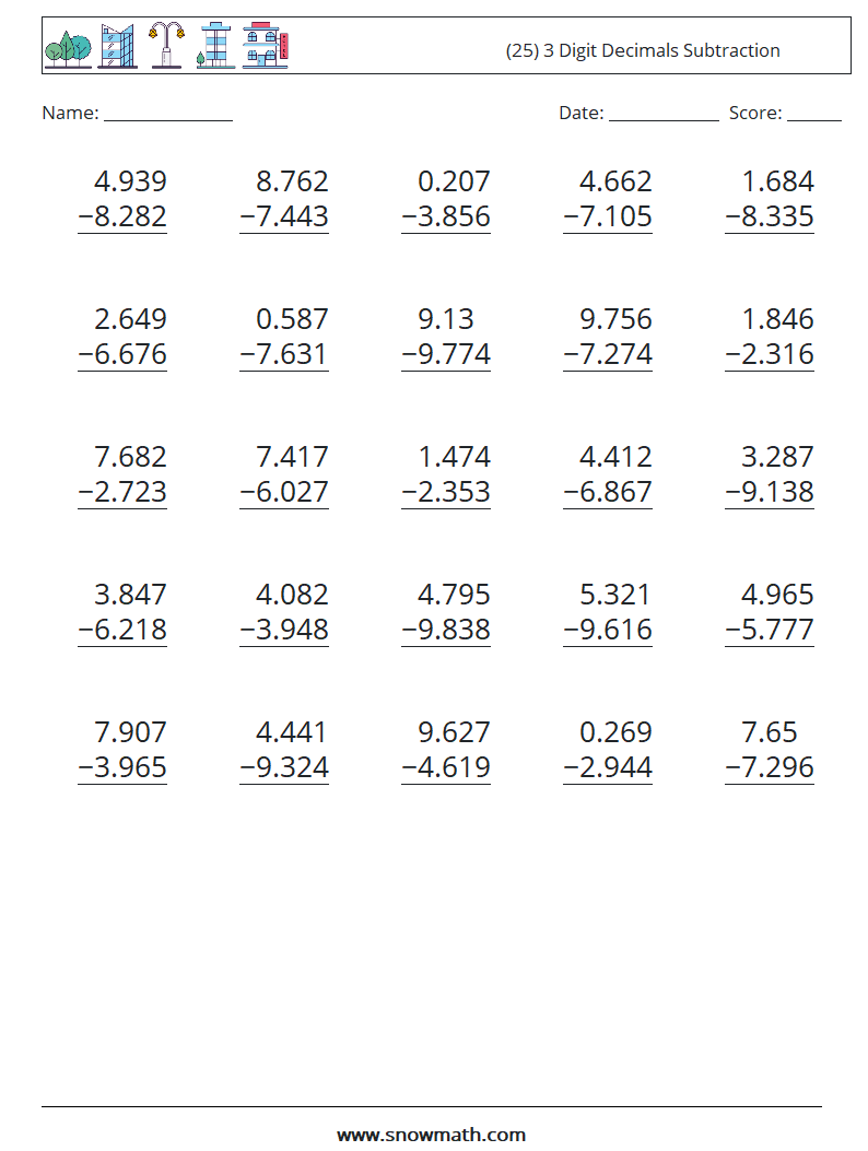 (25) 3 Digit Decimals Subtraction Math Worksheets 17