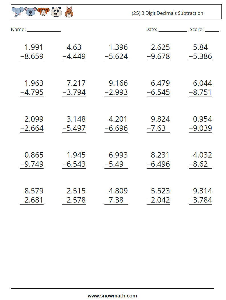 (25) 3 Digit Decimals Subtraction Math Worksheets 18