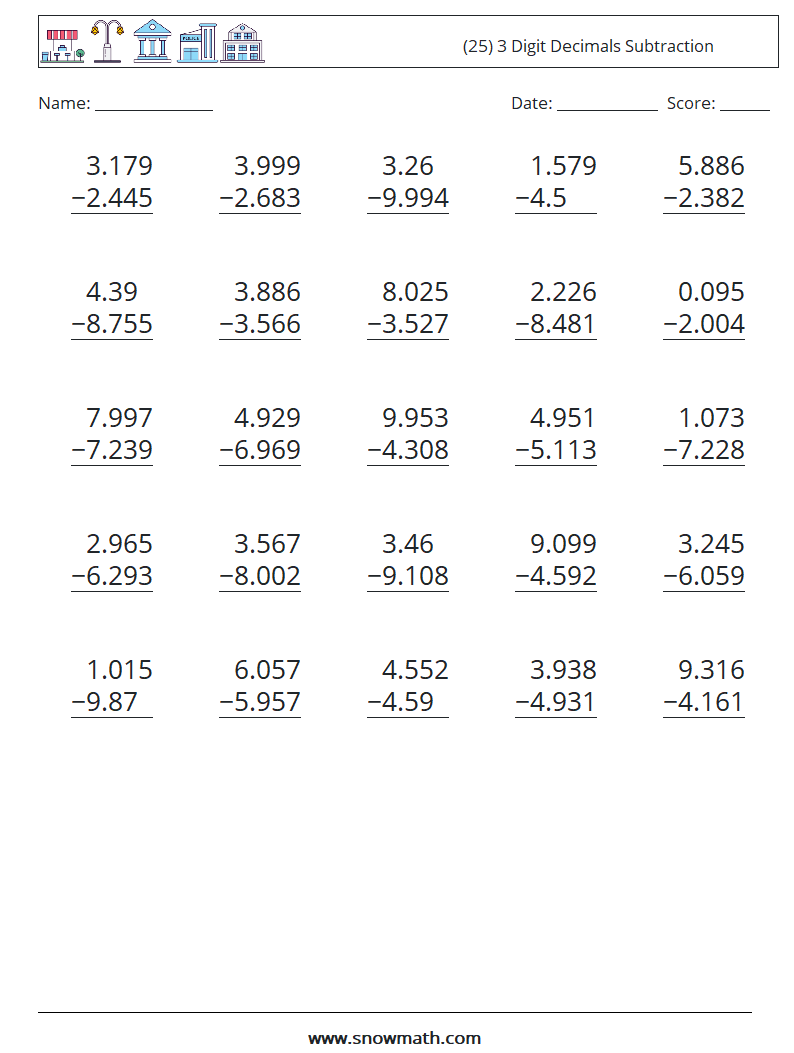 (25) 3 Digit Decimals Subtraction Math Worksheets 2