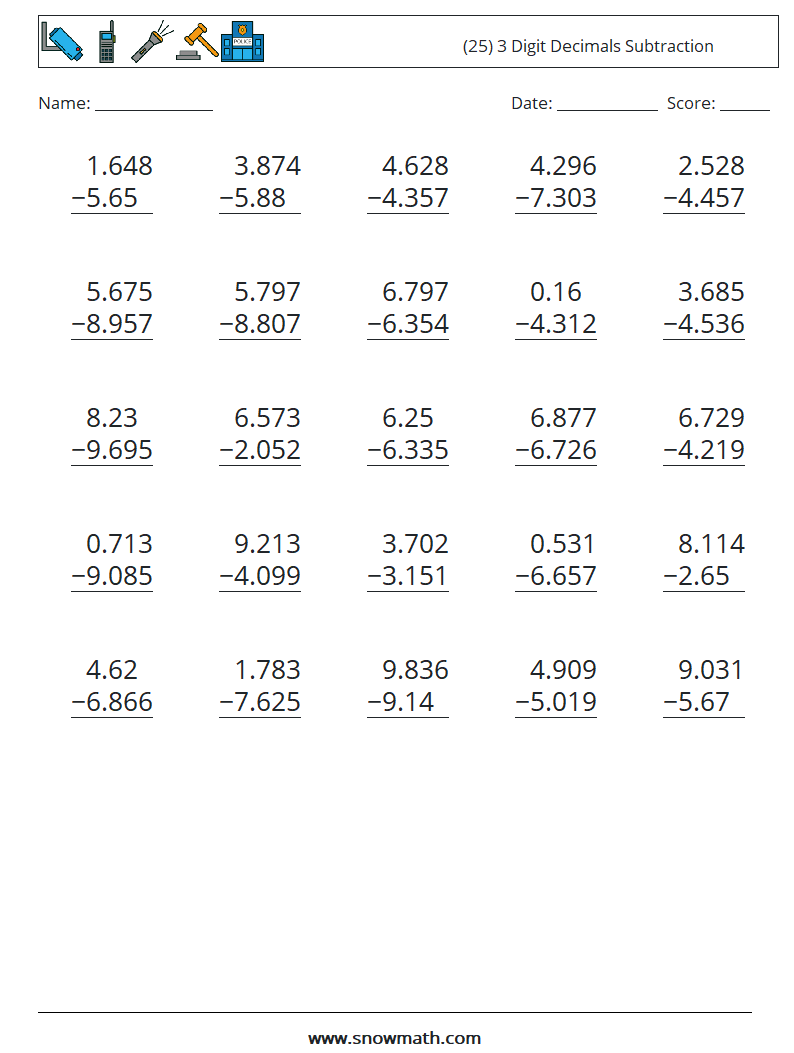 (25) 3 Digit Decimals Subtraction Math Worksheets 3