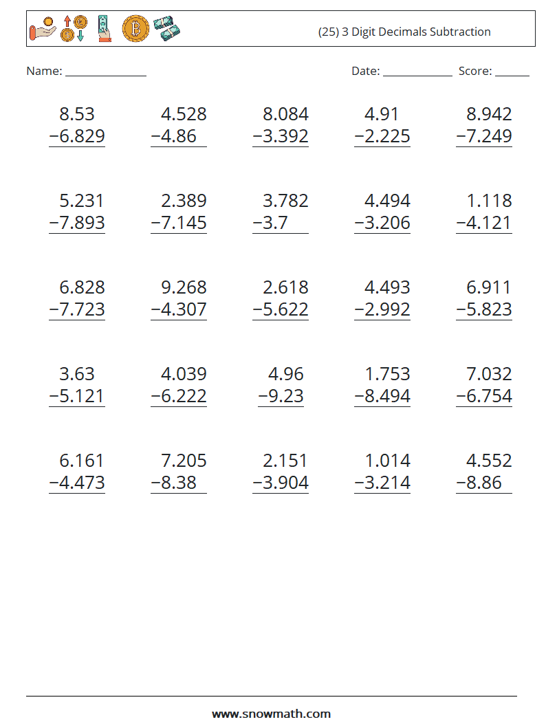 (25) 3 Digit Decimals Subtraction Math Worksheets 4