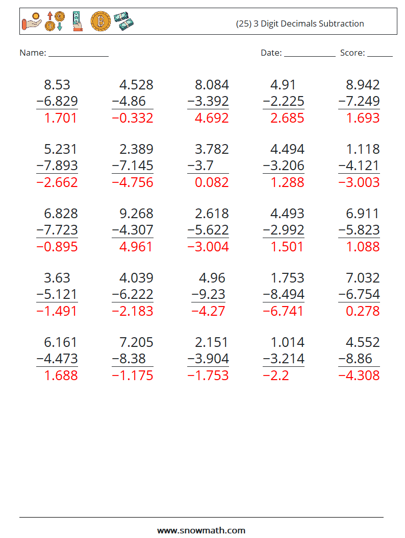 (25) 3 Digit Decimals Subtraction Math Worksheets 4 Question, Answer