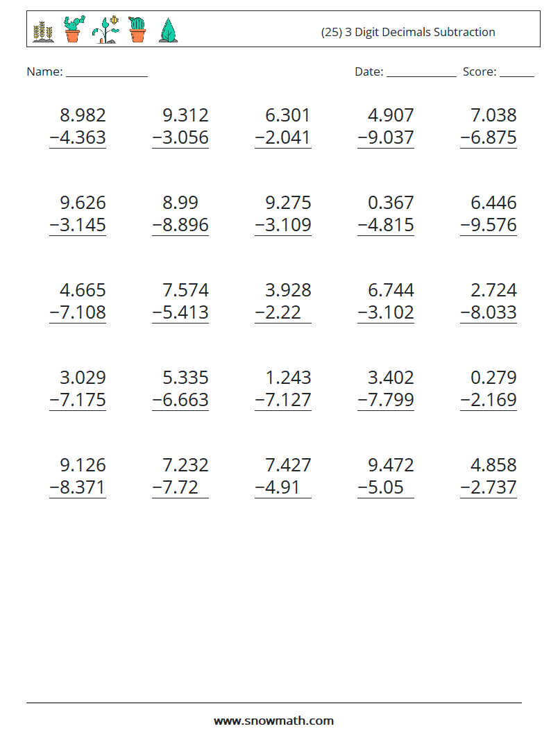 (25) 3 Digit Decimals Subtraction Math Worksheets 5