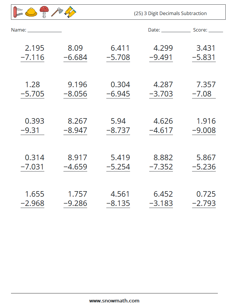 (25) 3 Digit Decimals Subtraction Math Worksheets 6