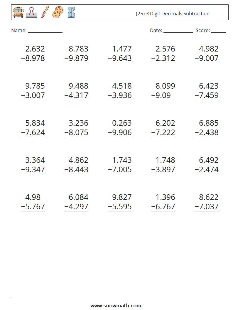 (25) 3 Digit Decimals Subtraction Math Worksheets 7