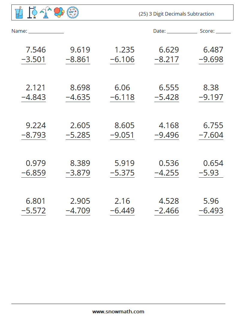 (25) 3 Digit Decimals Subtraction Math Worksheets 8