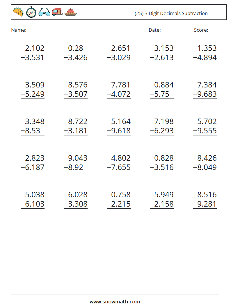 (25) 3 Digit Decimals Subtraction Math Worksheets 9