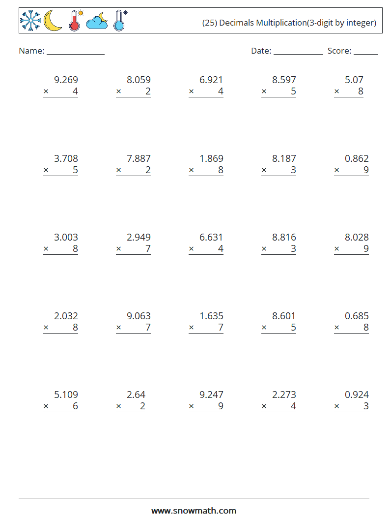 (25) Decimals Multiplication(3-digit by integer) Math Worksheets 14