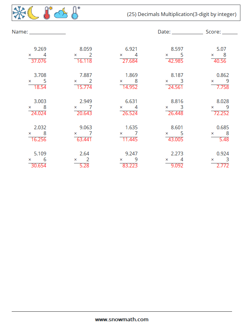 (25) Decimals Multiplication(3-digit by integer) Math Worksheets 14 Question, Answer