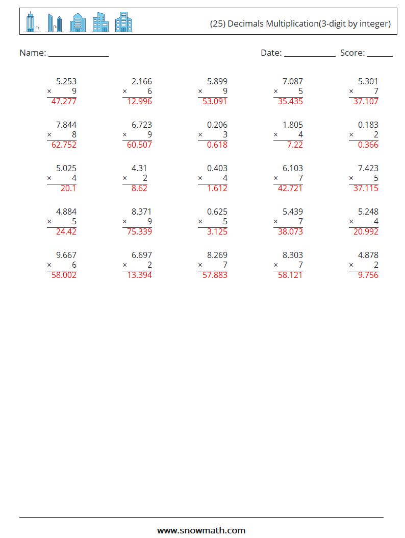 (25) Decimals Multiplication(3-digit by integer) Math Worksheets 2 Question, Answer